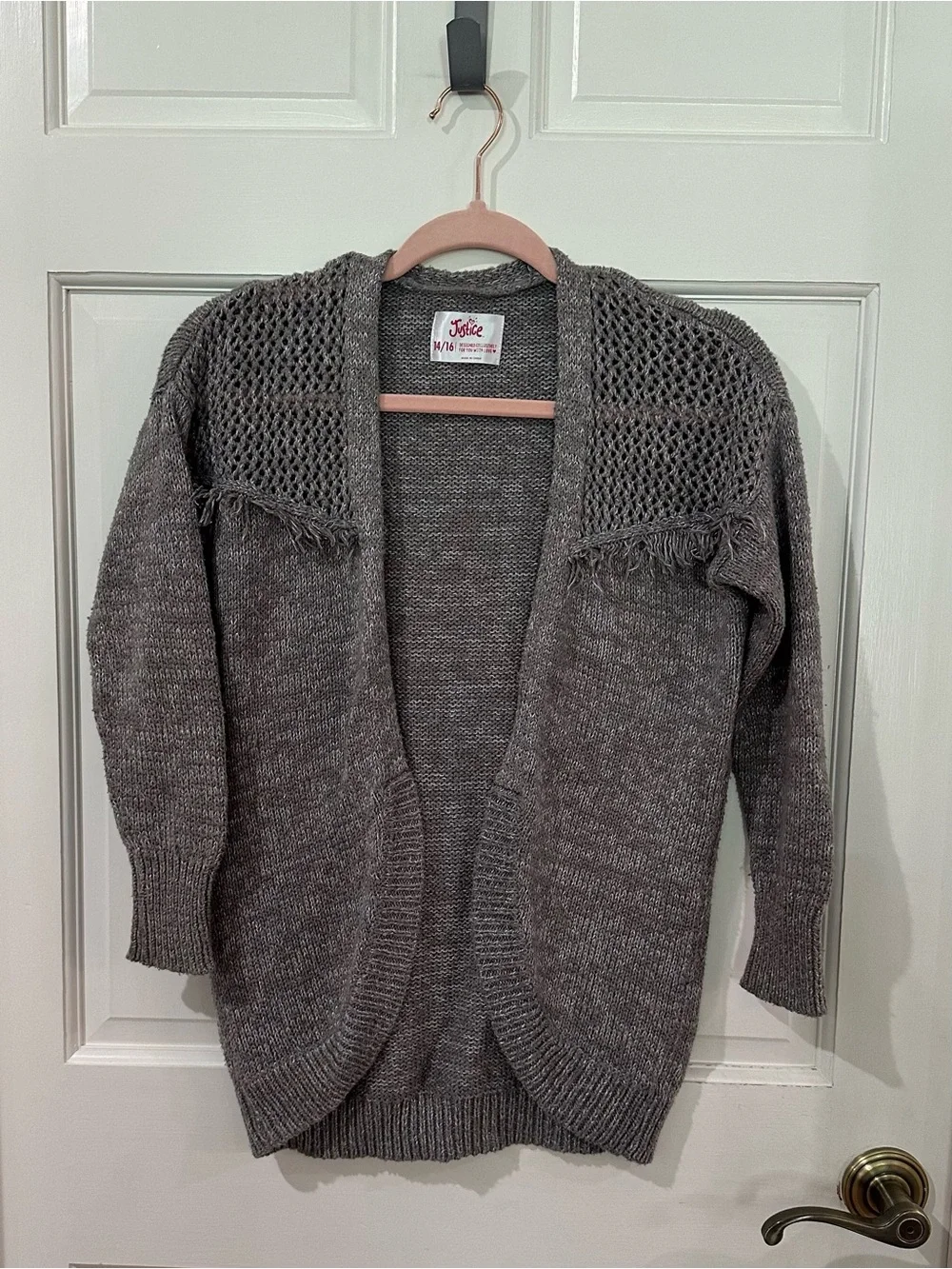 Justice. Gray Open-Front Knit Sweater Cardigan